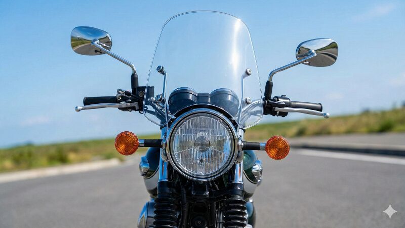 W230のフロントビュー、後付けのクリアなウィンドスクリーンが装着されており、ツーリング仕様にカスタムされた車両