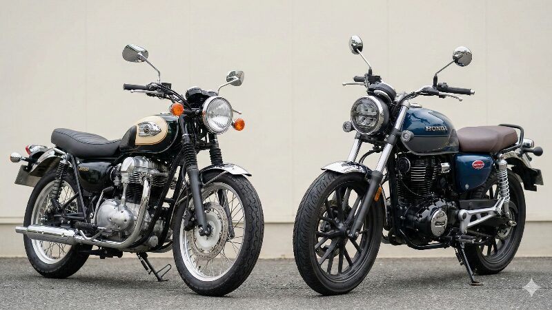 スリムでコンパクトなW230と、少し大柄なクラシックバイク(GB350風)が並んで駐車されている比較イメージ
