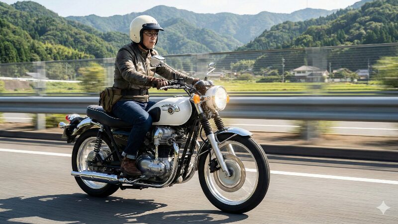 晴れた日の日本の高速道路を気持ちよく走行するカワサキW230とライダー、背景には美しい山並みが見える