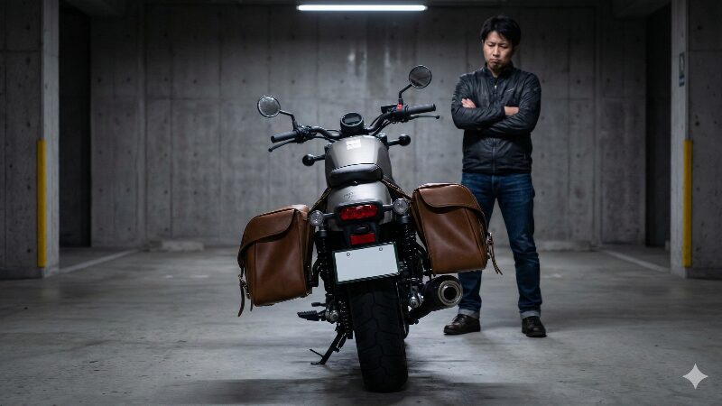 ガレージでレブルの後ろ姿を眺めながら、汎用の大きなサイドバッグのバランスの悪さに腕組みをして悩んでいる男性
