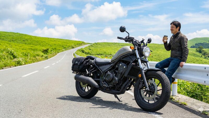 晴れた高原のツーリングロードに停められた、専用サイドバッグで完璧にカスタムされたレブルと、コーヒーを飲みながら景色を楽しむライダー