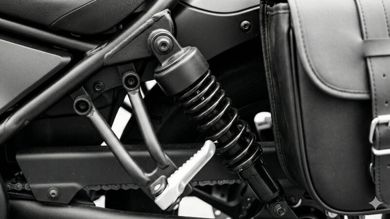 レブルのリアサスペンションと垂直に垂れ下がったサイドバッグの間にできた、不自然な三角形の隙間のクローズアップ