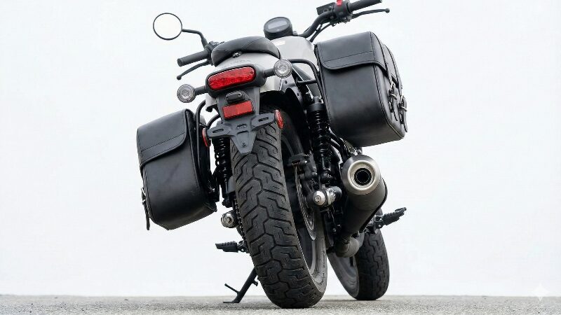 レブルを真後ろのローアングルから見た図。右側のマフラーの上に無理やり大きなバッグがあり、左右の高さがチグハグになっている悪い例