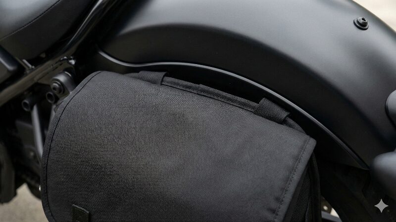 レブルのリアフェンダーのカーブに完璧に沿うように設計された、マットなナイロン製専用サイドバッグのクローズアップ