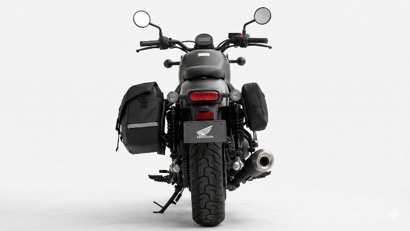 レブルの後ろ姿。左側には大きめのバッグ、右側にはマフラーを避けた小型のバッグが装着され、機能的で美しいバランスが保たれている様子