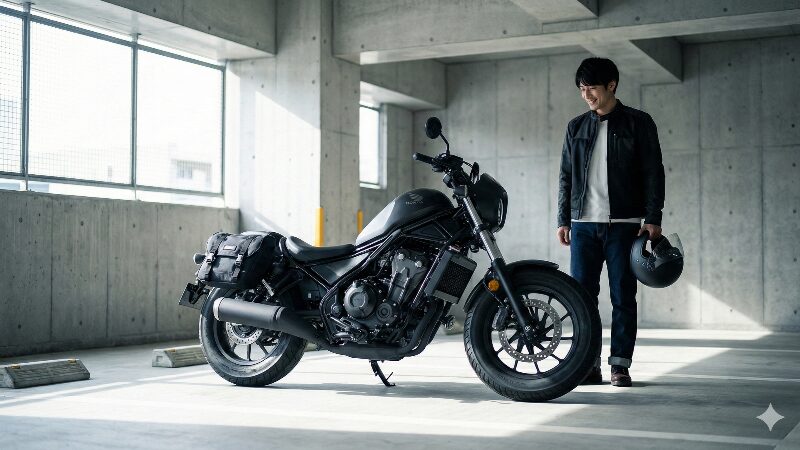 コンクリート打ちっ放しのモダンなガレージに佇むマットブラックのホンダ・レブル250と、スタイリッシュなサイドバッグを装着して満足げな男性ライダー