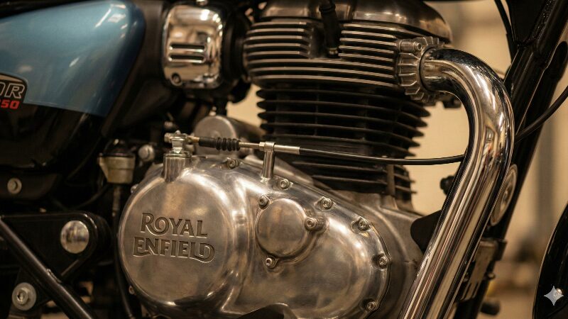 メテオ350のJシリーズエンジンの精巧なメカニズムと金属の質感