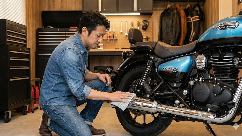 自宅のガレージでメテオ350の点検を行うライダー