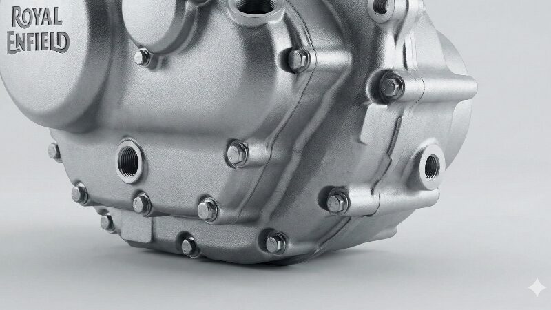 振動を抑えるバランサーシャフトを象徴する、エンジンのクランクケース付近の精密ショット