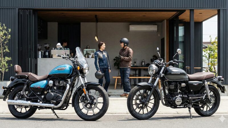 カフェの前に並ぶメテオ350とホンダGB350、異なる個性の対比
