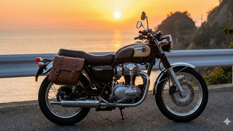 旅に出たくなるW800とサイドバッグの風景 夕暮れの海岸沿いに停車する、本革サイドバッグを装着したカワサキW800