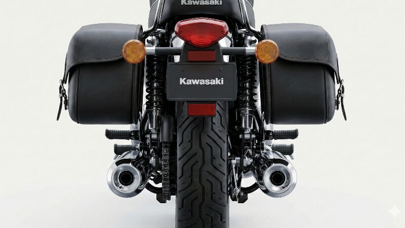 W800サイドバッグおすすめの選び方と熱対策 W800の背面から見た、2本出しマフラーとサイドバッグの適切なクリアランス