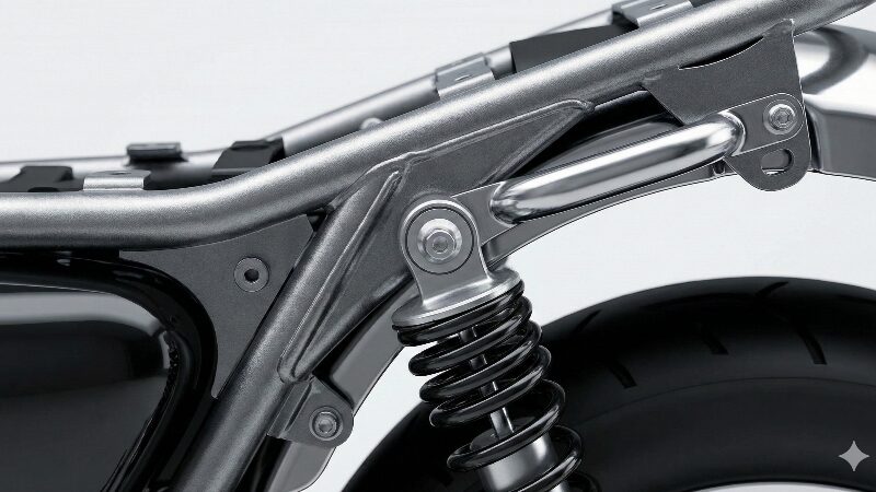 2019年以降の年式による適合の注意点 新型W800のリアサスペンション付近とバッグサポート取り付け部のアップ