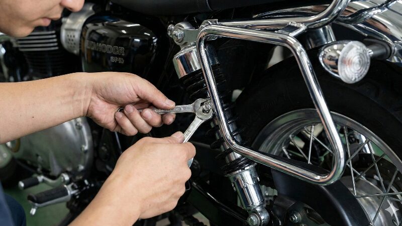 作業時に役立つ必要な工具と注意点 17mmのメガネレンチを使ってW800のサスボルトを締める手のアップ