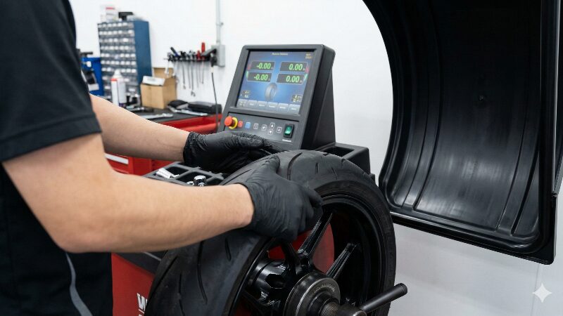 日本の専門店。デジタルバランサーを使い、精密な作業を行う日本人メカニックの手元