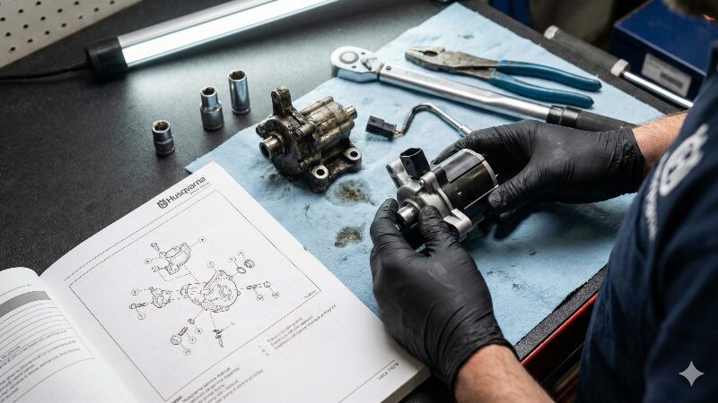 整備作業台の上で行われているオイルポンプ交換作業の様子