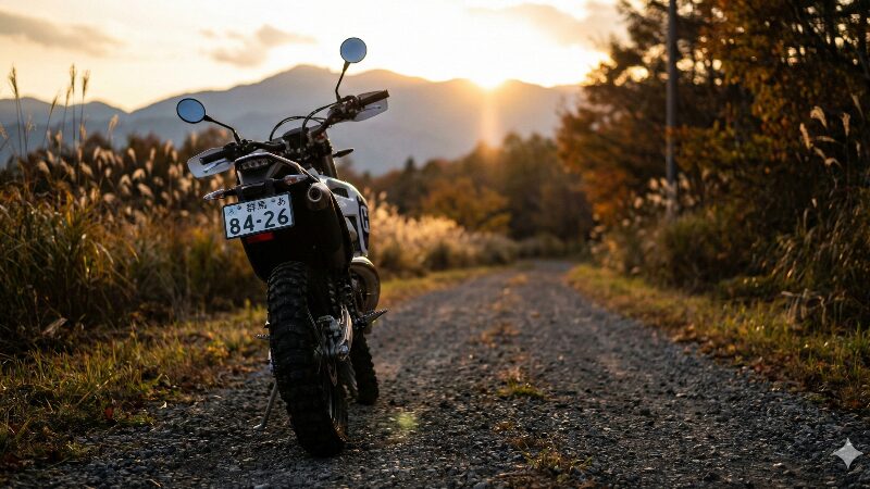 暮れ時の誰もいない林道に佇むハスクバーナTE250iの後ろ姿