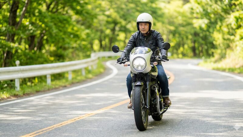 爽やかな緑の中を快適に走り抜けるW800 CAFEとリラックスしたライダー
