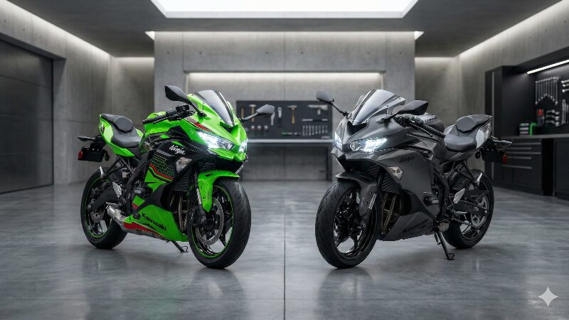カワサキのNinja ZX-4RR KRTエディションとZX-4R SEマットグレーが並ぶ、高級感のあるガレージ風景