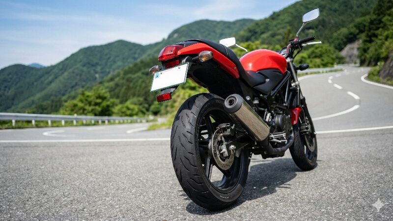 清々しい朝、峠道に佇む赤いVTR250