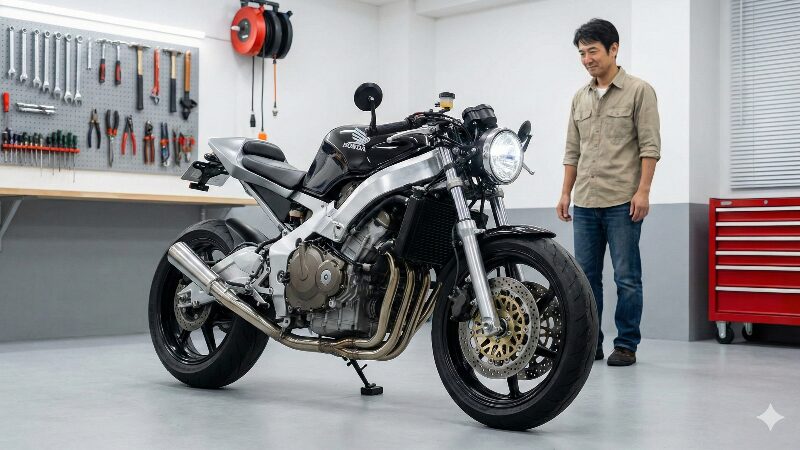 ガレージで愛車のHonda CBR400Rをネイキッドカスタムするエンジニア