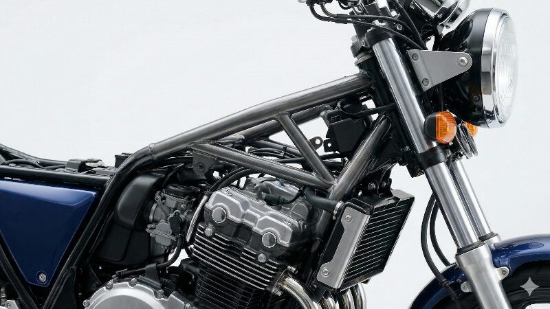 カウルを取り外してダイヤモンドフレームが露出したHonda CBR400Rのサイドビュー