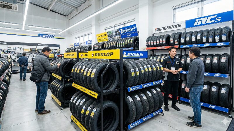 大型バイク用品店の清潔感あふれる店内