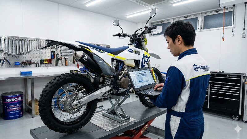 清潔で整理整頓されたバイクショップの整備ピット