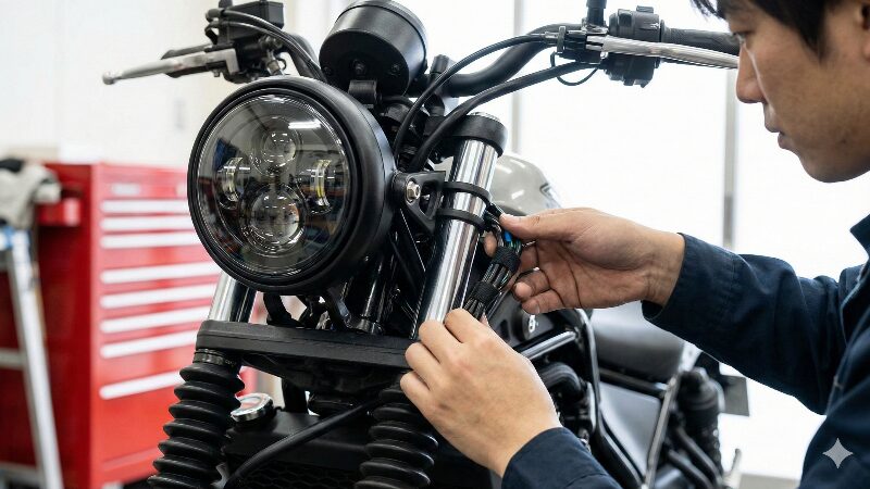 車検適合のためにヘッドライトの光軸調整や配線処理を行う様子