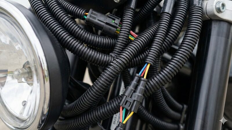 コルゲートチューブで綺麗にまとめられたバイクの配線