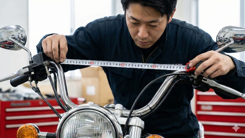 車検適合のためにメジャーでハンドルの幅を測定する