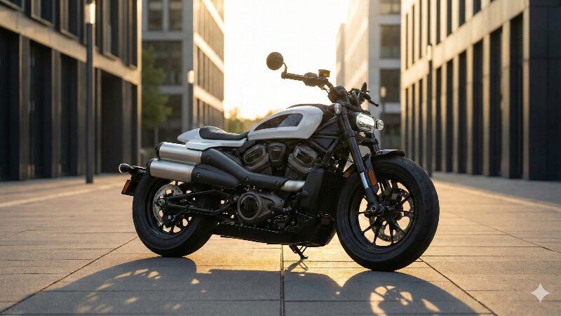 夕暮れの都会の街並みを背景に、圧倒的な存在感を放つ最新のハーレーダビッドソン・スポーツスターS