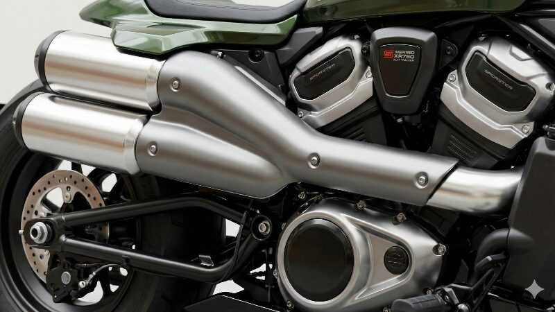 スポーツスターSの象徴的なアップタイプマフラー。XR750を彷彿とさせる美しいラインと力強い造形