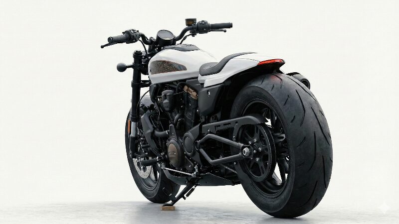 フェンダーレス化によって180mmの極太タイヤが強調され、迫力を増したリアビュー