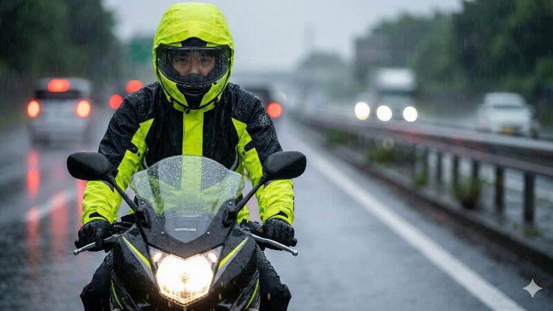 雨の日の高速道路を走行するライダー