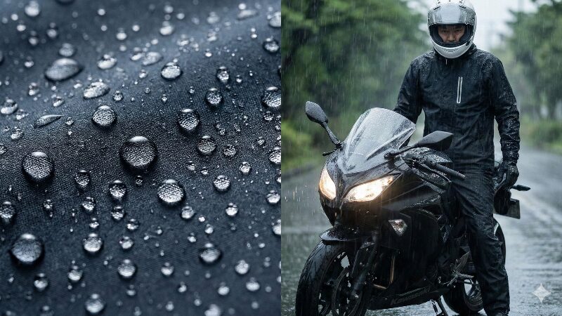 雨の中、バイクの横に立ちレインウェアの防水性を確認するライダー