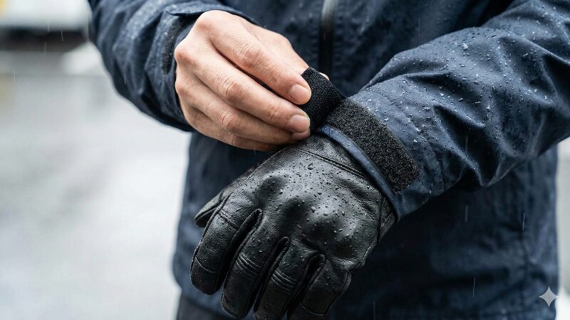 ライダーがレインウェアの袖口をグローブの上に被せてベルクロを締めている手元のクローズアップ