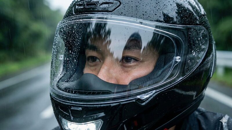 雨の中のヘルメットのクローズアップ