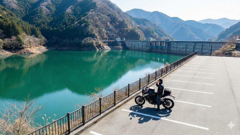 丹沢湖（三保ダム）の広々とした駐車場に停められたバイクと、缶コーヒーを飲みながら湖を眺めるライダー