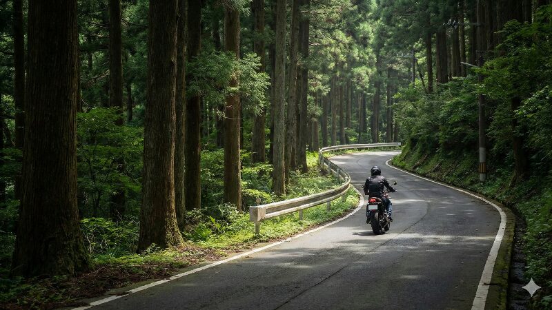 箱根旧道の杉並木の中にあるヘアピンカーブ（七曲り）をゆっくりと登っていくバイク