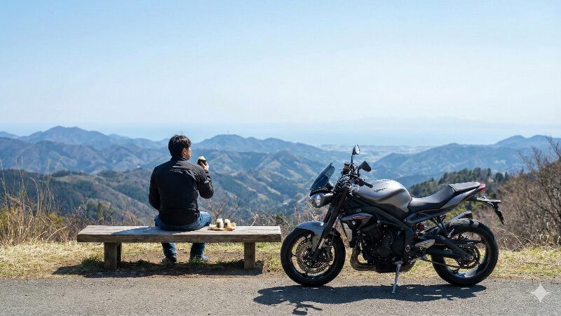 見晴らしの良い山道の脇にある古びたベンチに座り、おにぎりを食べながら絶景を独り占めするライダー