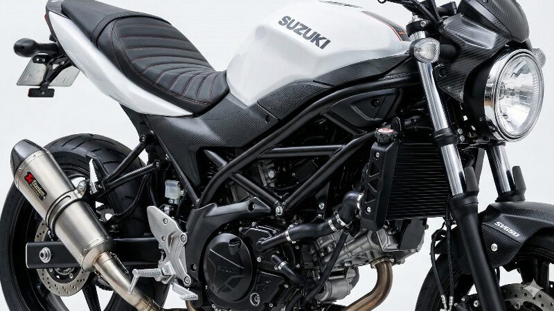 社外マフラーや高級シートでカスタムされたSV650のディテール
