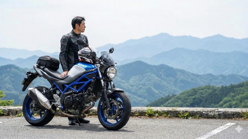 絶景の展望台で愛車SV650を眺めながら休憩するベテランライダー