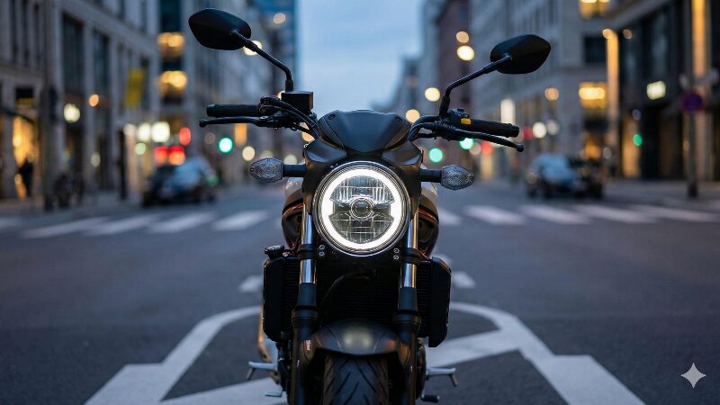 都会の夜景をバックに佇むSV650のクラシックな丸目ヘッドライト