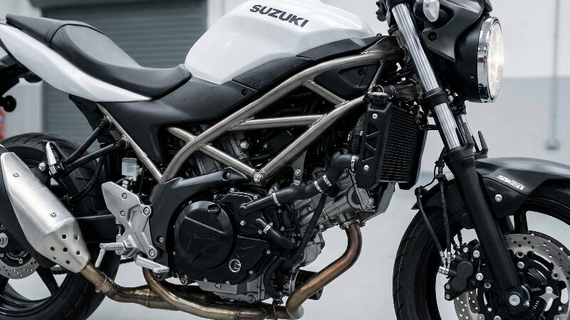 ガレージでメンテナンスされるSV650のメカニカルなVツインエンジン