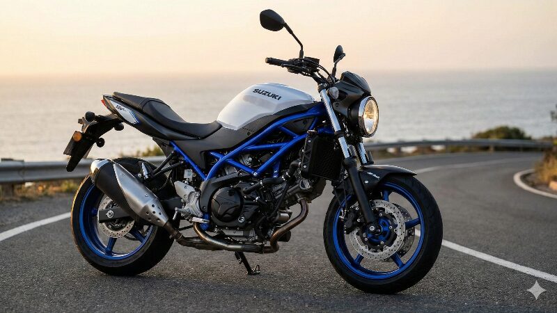 朝焼けの海岸線を走るシルバーのタンクと青いフレームのスズキSV650