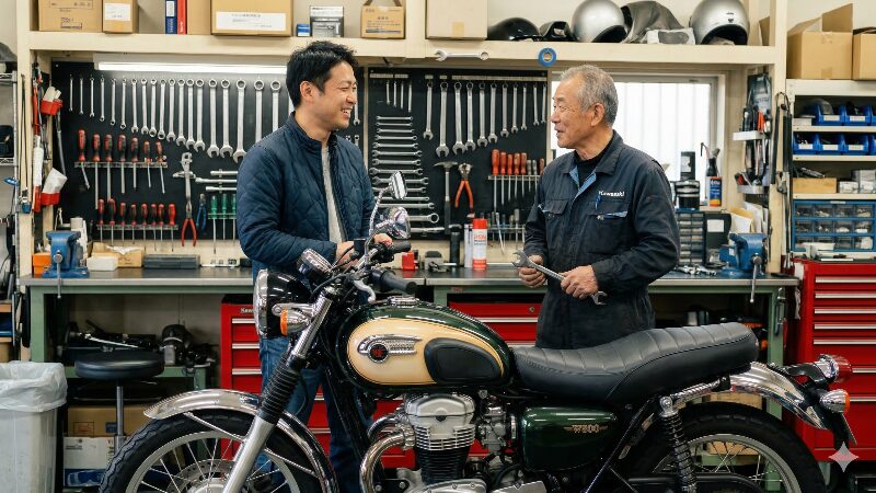 信頼できるバイク専門店の店内で談笑するオーナーと熟練メカニック