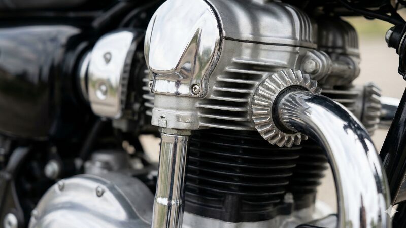 W800の象徴であるエンジン右側の美しいベベルギヤカバーのクローズアップ