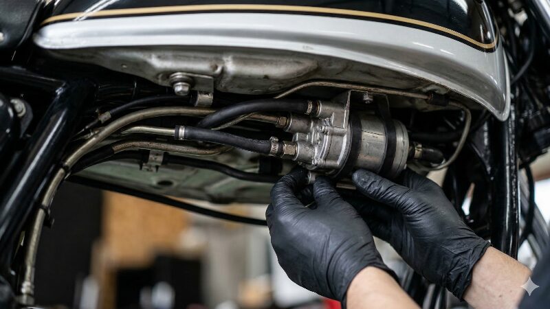 バイクの燃料タンク下部にあるポンプ周辺を点検する様子