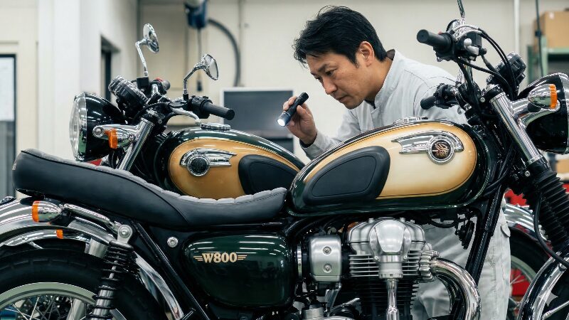 W800のエンジン周辺を真剣な表情で点検するプロのメカニック